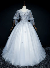 Prom Dresses Navy, Lovely Grey Tulle Puffy Sleeves with Lace Long Formal Dress, Sweet 16 Dresses
