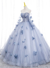 Gold Prom Dress, Lovely Light Blue Tulle Long Sleeves Sweet 16 Dress, Light Blue Flowers Formal Dress.