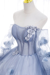 Prom Dress For Kids, Lovely Light Blue Tulle Long Sleeves Sweet 16 Dress, Light Blue Flowers Formal Dress.