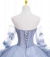 Dream, Lovely Light Blue Tulle Long Sleeves Sweet 16 Dress, Light Blue Flowers Formal Dress.