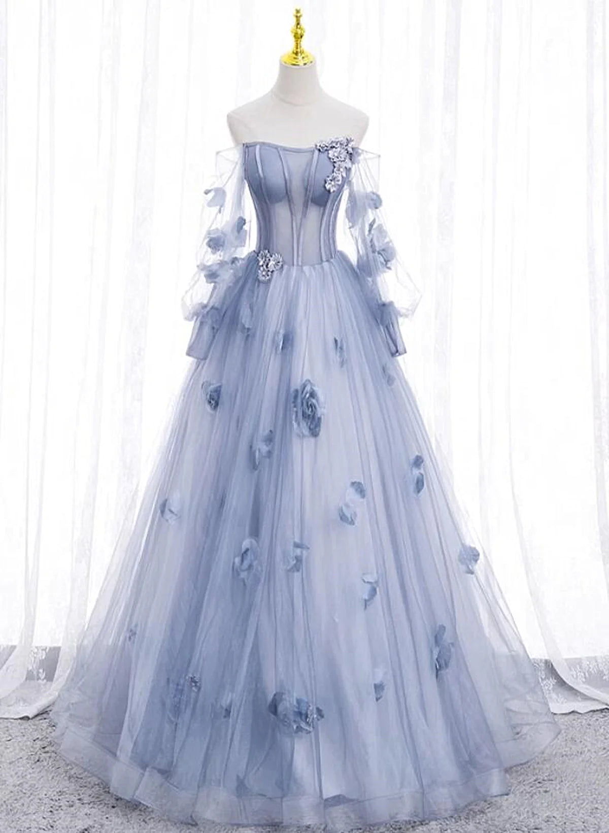 Maxi Dress, Lovely Light Blue Tulle Long Sleeves Sweet 16 Dress, Light Blue Flowers Formal Dress.