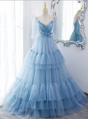 Prom Dress Boutiques Near Me, Lovely Light Blue Tulle with Straps Layers Long Formal Dresses, Blue Evening Gown Party Dresses