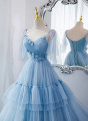 Prom Dress Idea, Lovely Light Blue Tulle with Straps Layers Long Formal Dresses, Blue Evening Gown Party Dresses