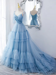 Prom Dress Near Me, Lovely Light Blue Tulle with Straps Layers Long Formal Dresses, Blue Evening Gown Party Dresses