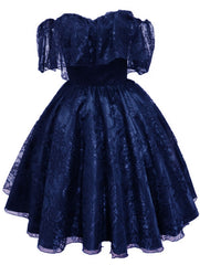 Pink Prom Dress, Lovely Navy Blue Lace Short Off Shoulder Prom Dress, Navy Blue Lace Homecoming Dresses