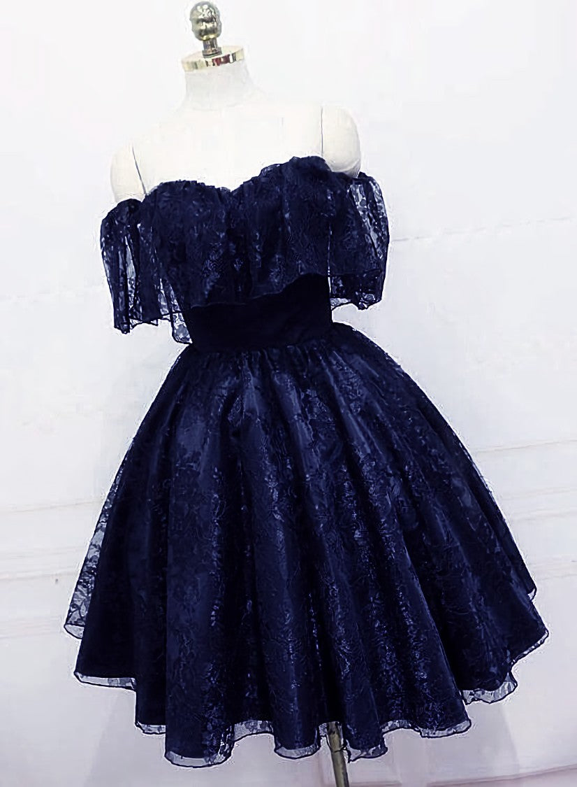 Black Dress, Lovely Navy Blue Lace Short Off Shoulder Prom Dress, Navy Blue Lace Homecoming Dresses