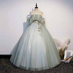 Bridesmaid Dress Designer, Lovely Off Shoulder Light Green Ball Gown Sweet 16 Dress, Charming Lace Long Formal Dress