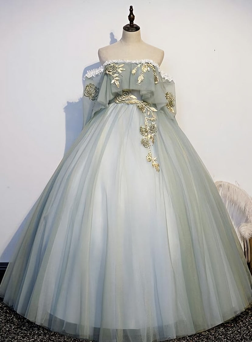 Bridesmaid Dresses Designer, Lovely Off Shoulder Light Green Ball Gown Sweet 16 Dress, Charming Lace Long Formal Dress