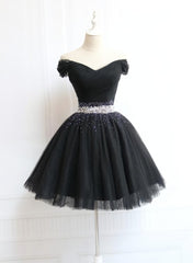 Party Dresses Classy Christmas, Lovely Off Shoulder Navy Blue Beaded Homecoming Dress, Short Prom Dress