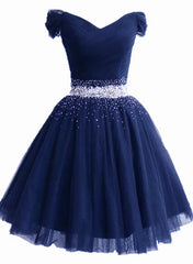 Party Dress After Wedding, Lovely Off Shoulder Navy Blue Beaded Homecoming Dress, Short Prom Dress