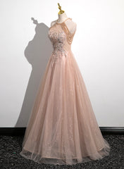 Bridesmaids Dresses Formal, Lovely Pearl Pink Halter Tulle with Lace Applique Party Dress, A-line Tulle Long Prom Dress
