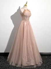 Bridesmaid Dresses Ideas, Lovely Pearl Pink Halter Tulle with Lace Applique Party Dress, A-line Tulle Long Prom Dress