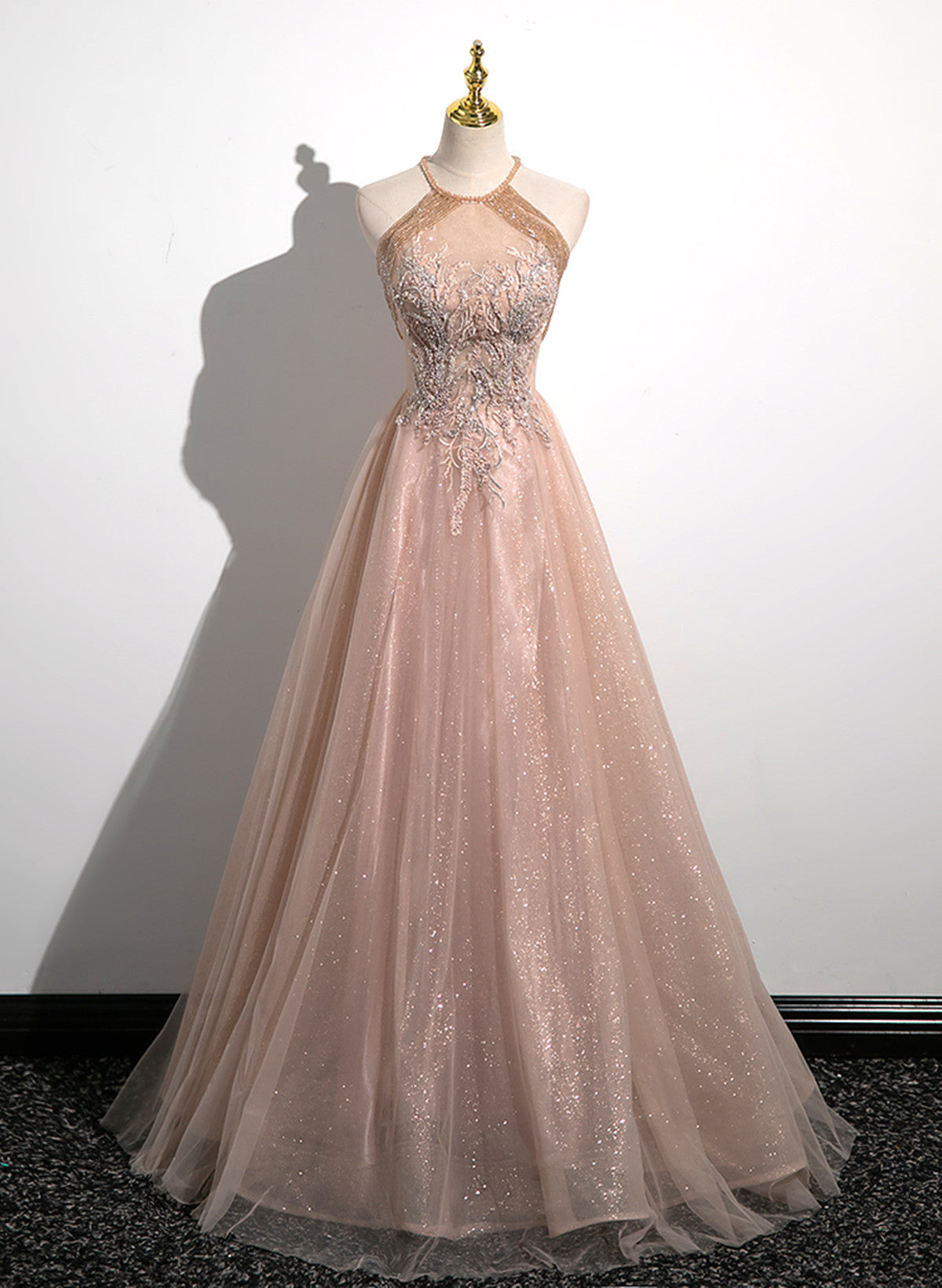 Bridesmaid Dress Elegant, Lovely Pearl Pink Halter Tulle with Lace Applique Party Dress, A-line Tulle Long Prom Dress
