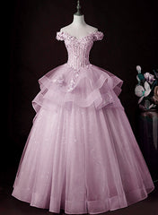 Bridesmaids Dresses With Lace, Lovely Pink Off Shoulder Long Formal Dress, Pink Sweet 16 Formal Dress Prom Dress