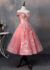 Formal Dresses Over 48, Lovely Pink Off Shoulder Party Dress, Lace Applique Prom Dress