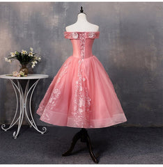 Formal Dresses For Winter Wedding, Lovely Pink Off Shoulder Party Dress, Lace Applique Prom Dress