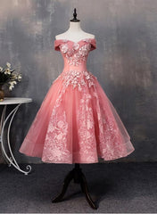 Formal Dresses Midi, Lovely Pink Off Shoulder Party Dress, Lace Applique Prom Dress