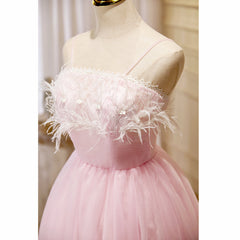 Pink Formal Dress, Lovely Pink Tulle Straps Knee Length Party Dresses, Pink Short Prom Dresses