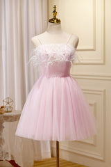 Dark Red Dress, Lovely Pink Tulle Straps Knee Length Party Dresses, Pink Short Prom Dresses