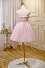 Evening Dresses Vintage, Lovely Pink Tulle with Flowers Short Party Dress, Pink Tulle Homecoming Dresses