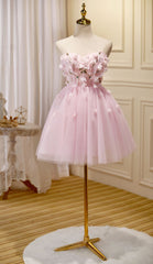 Evening Dress Fitted, Lovely Pink Tulle with Flowers Short Party Dress, Pink Tulle Homecoming Dresses