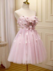 Evenning Dresses Short, Lovely Pink Tulle with Flowers Short Party Dress, Pink Tulle Homecoming Dresses