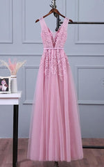 Formal Dress Long Sleeve, Lovely Pink V-neckline Long Party Dress ,Tulle Bridesmaid Dress