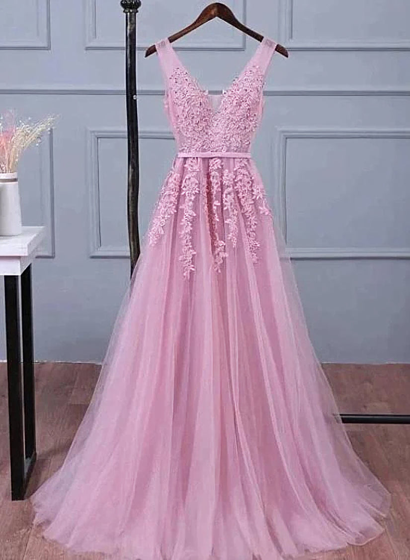 Formal Dress For Party Wear, Lovely Pink V-neckline Long Party Dress ,Tulle Bridesmaid Dress