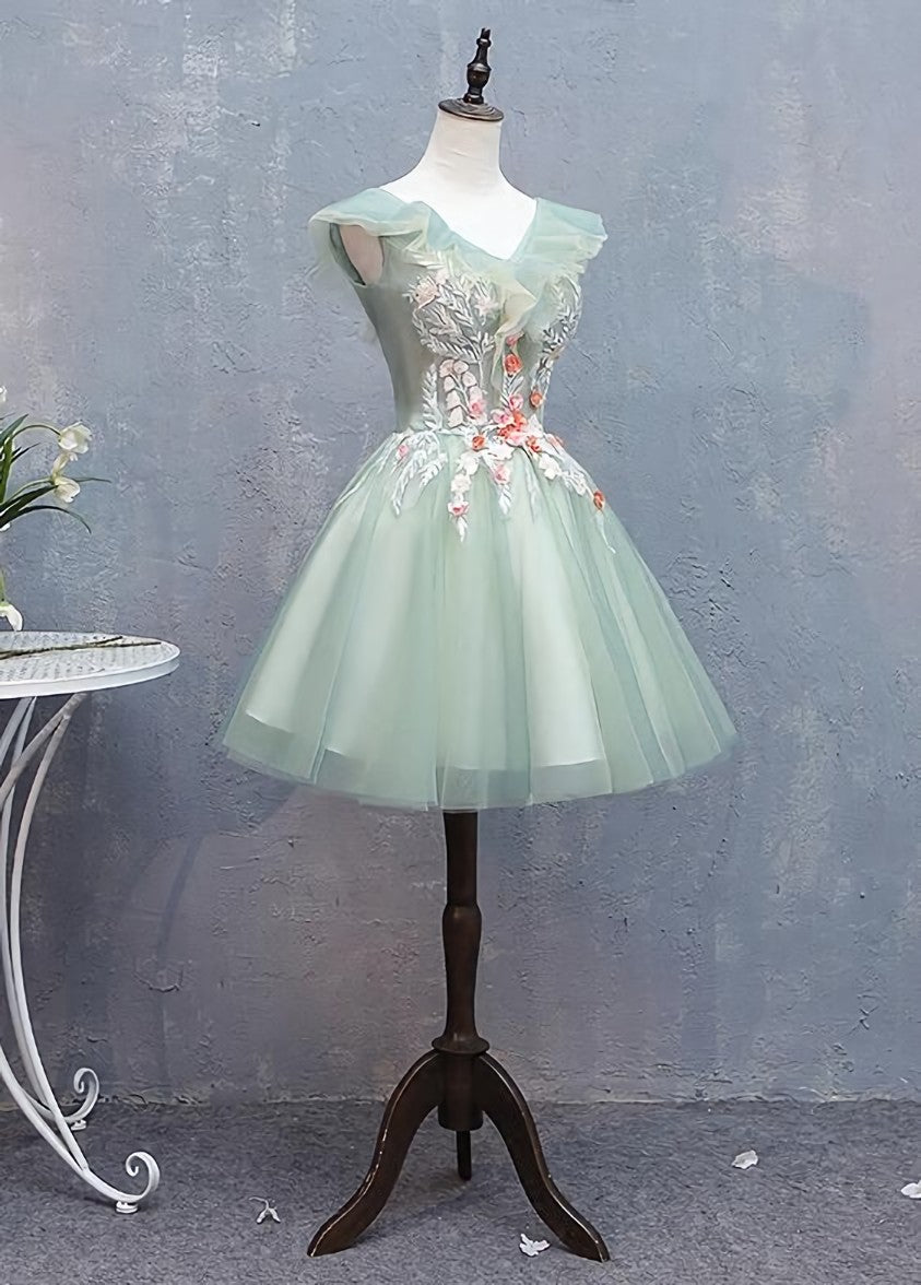 Pink Dress, Lovely Short Tulle V-neckline with Flower Lace Party Dress Homecoming Dress, Short Formal Dresses