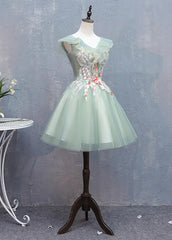 Pink Dress, Lovely Short Tulle V-neckline with Flower Lace Party Dress Homecoming Dress, Short Formal Dresses