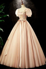 Prom Dresses Suits Ideas, Lovely Tulle Sequins Long Prom Dress, A-Line Short Sleeve Evening Party dress