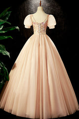 Prom Dresses For Skinny Body, Lovely Tulle Sequins Long Prom Dress, A-Line Short Sleeve Evening Party dress