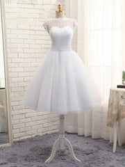 Wedding Dress Long Sleeves, Lovely White Tulle Beaded Short Simple Wedding Party Dress, Short Bridal Dress Wedding Dress