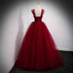 Prom Dress Red, Lovely Wine Red Princess Tulle Beaded Long Party Dress, Dark Red Formal Gown