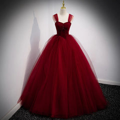 Prom Dresses Red, Lovely Wine Red Princess Tulle Beaded Long Party Dress, Dark Red Formal Gown