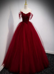 Prom Dresses Sale, Lovely Wine Red Princess Tulle Beaded Long Party Dress, Dark Red Formal Gown