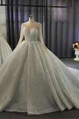 Wedsing Dresses Vintage, Luxurious Ball Gown Long Sleeves Crystal Beading Wedding Dress A line Classic