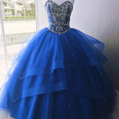 Prom Dresses Laces, Luxurious Crystal Beaded Bodice Corset Organza Layered Quinceanera Dresses