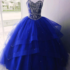 Prom Dresses Laced, Luxurious Crystal Beaded Bodice Corset Organza Layered Quinceanera Dresses