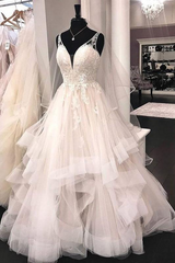 Wedding Dress Spring, Luxurious Long A-line Princess Tulle Lace Backless Wedding Dress