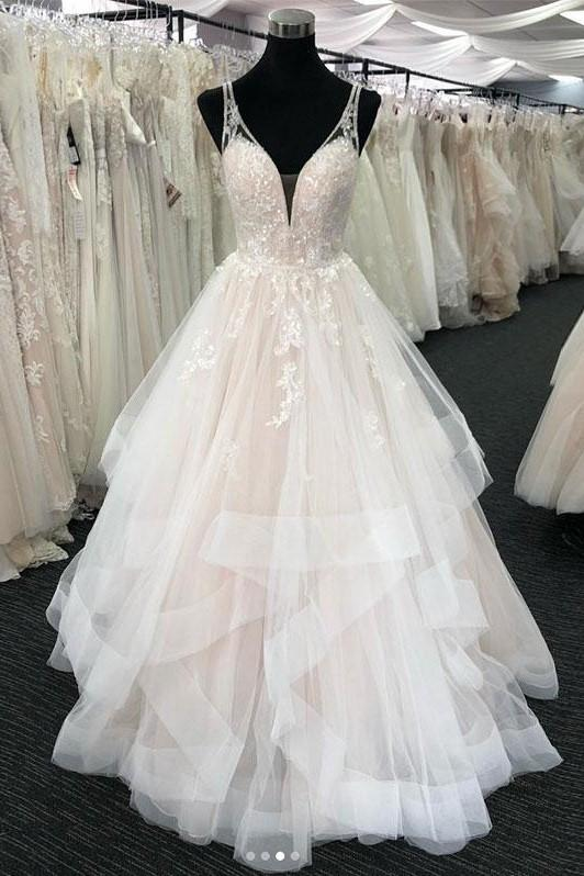 Wedsing Dresses With Sleeves, Luxurious Long A-line Princess Tulle Lace Backless Wedding Dress