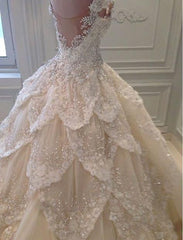 Wedding Dresses Chic, Luxurious Off the Shoulder Beading Wedding Dress Crystal Tiered Chapel Train Bridal Gowns