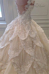 Wedding Dress Under, Luxurious Off the Shoulder Beading Wedding Dress Crystal Tiered Chapel Train Bridal Gowns