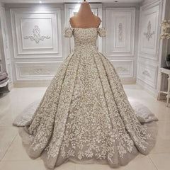 Wedding Dresse Styles, Luxurious Off the shoulder Lace appliques Appliques Wedding Dress