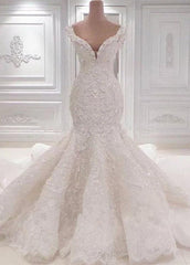 Wedsing Dresses Lace, Luxurious Off the Shoulder Mermaid Wedding Dress New Arrival Lace AppliquesBridal Gowns