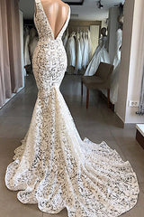 Wedding Dress Shop, Luxurious Plunging V neck Mermaid Lace Wedding Dresses Romantic Bridal Gowns for Garden Wedding