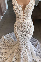 Wedding Dresses Cheap, Luxurious Plunging V neck Mermaid Lace Wedding Dresses Romantic Bridal Gowns for Garden Wedding