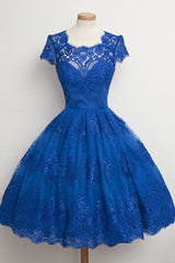Party Dress Website, Luxurious Royal Blue Homecoming Dress,Scalloped-Edge Ball Knee-Length Dress