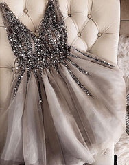 Prom Dresses 2036 Long, Luxurious Sequins Beaded V-neck Tulle Homecoming Dresses Short Party Dress