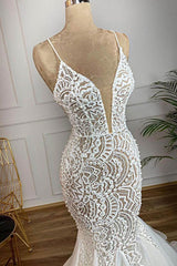 Wedding Dress Idea, Luxurious Spaghetti Strap Plugging V neck White Sleeveless Mermaid Hollow Wedding Dress